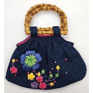 Gap Floral Embroidered Denim Handbag With Bamboo Handles & Pink Lining